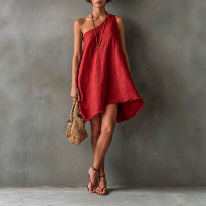 Nina - Robe Courte Asymétrique une Épaule en Lin
