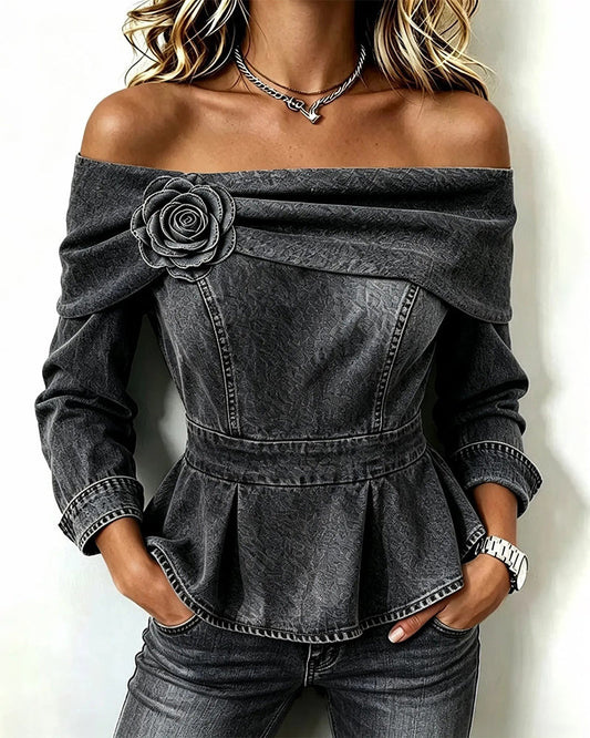 Corinne – Top Denim Épaules Dénudées