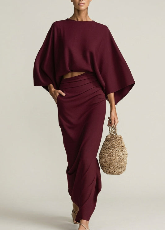 Thalia - Ensemble Coton-Lin Top Manches Chauve-souris & Jupe Longue