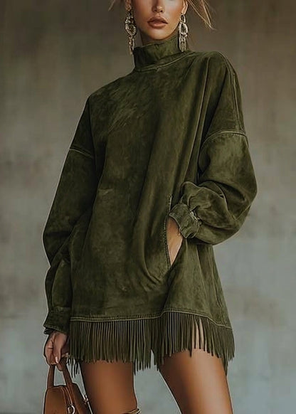 Astrid - Robe Effet Daim à Col Montant et Franges
