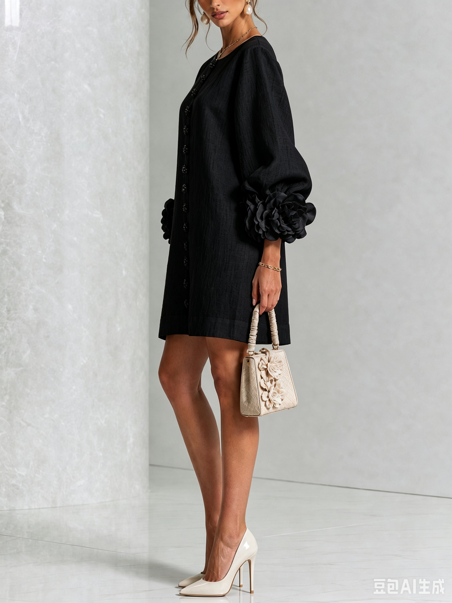 Lolita — Robe Courte à Boutons & Manchettes Fleuries