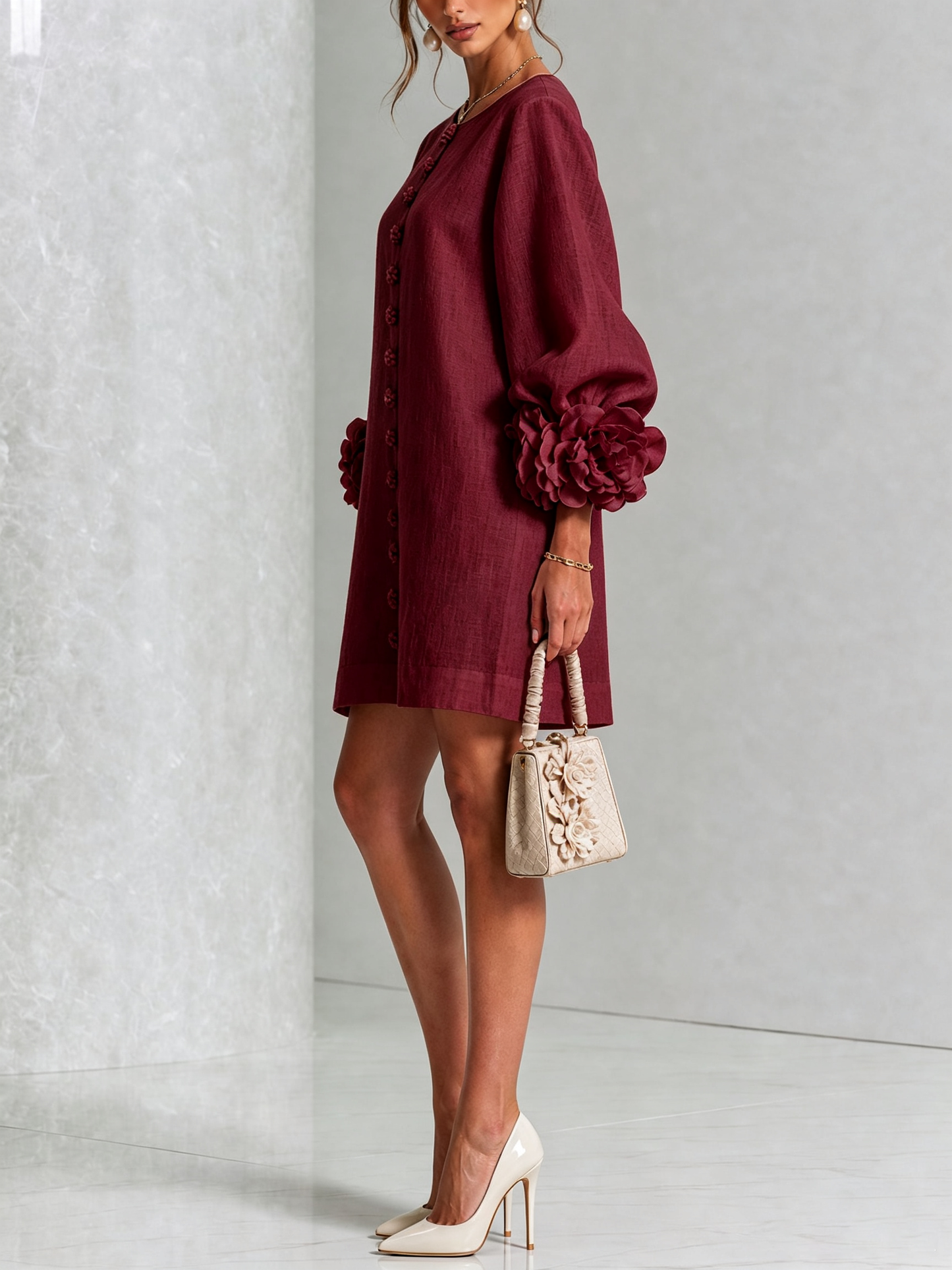 Lolita — Robe Courte à Boutons & Manchettes Fleuries
