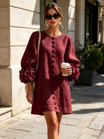 Lolita — Robe Courte à Boutons & Manchettes Fleuries