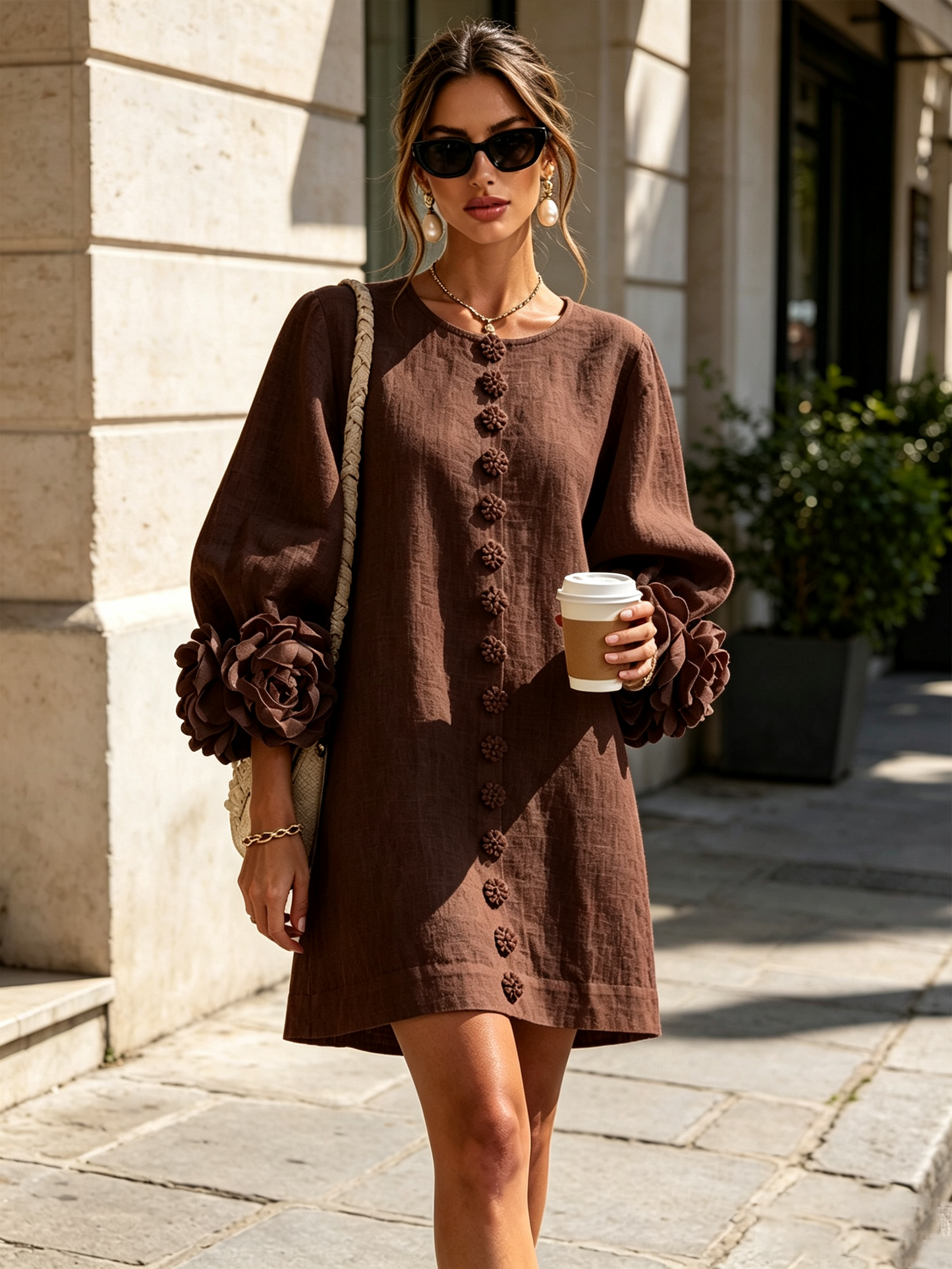 Lolita — Robe Courte à Boutons & Manchettes Fleuries