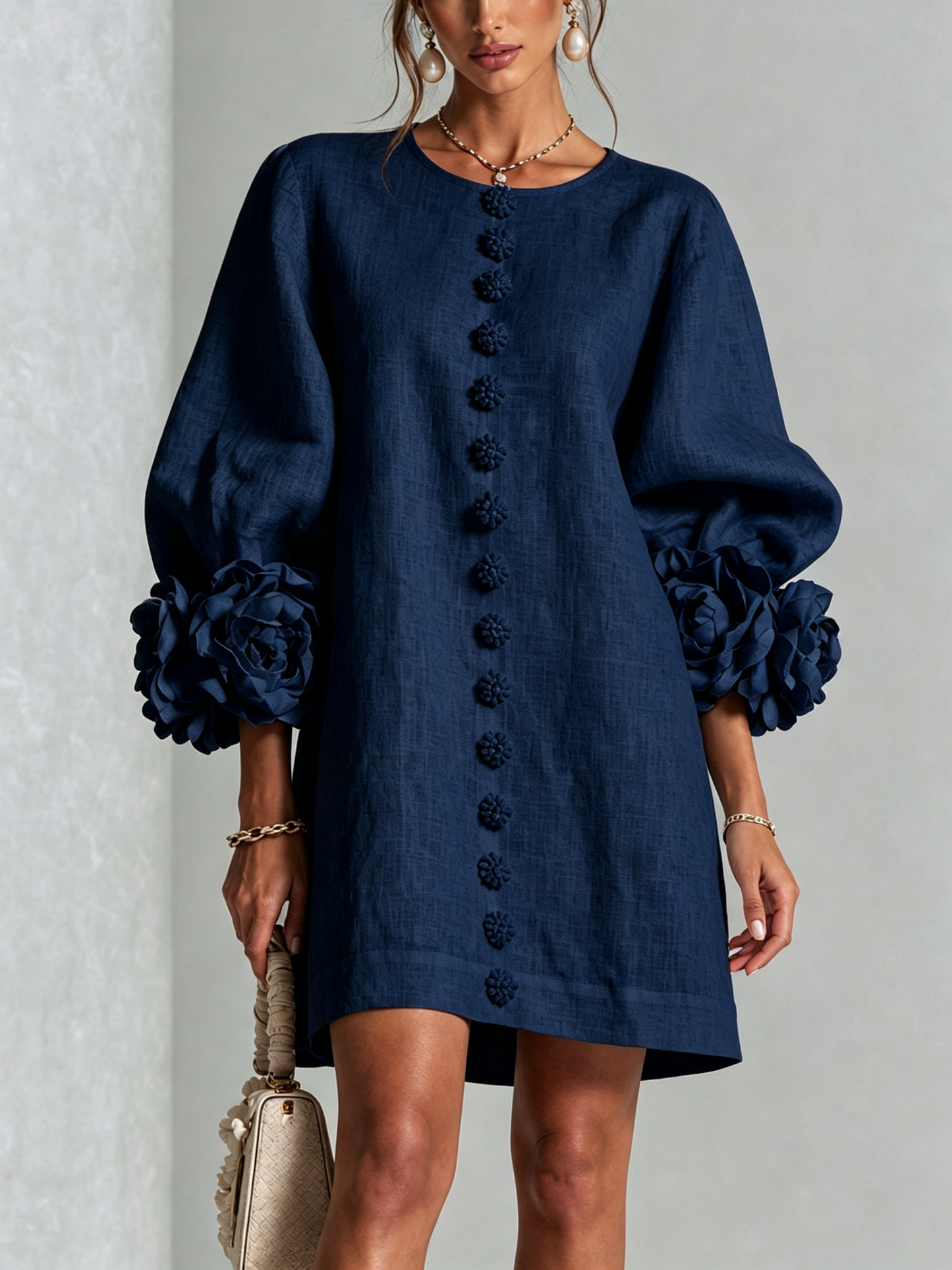 Lolita — Robe Courte à Boutons & Manchettes Fleuries