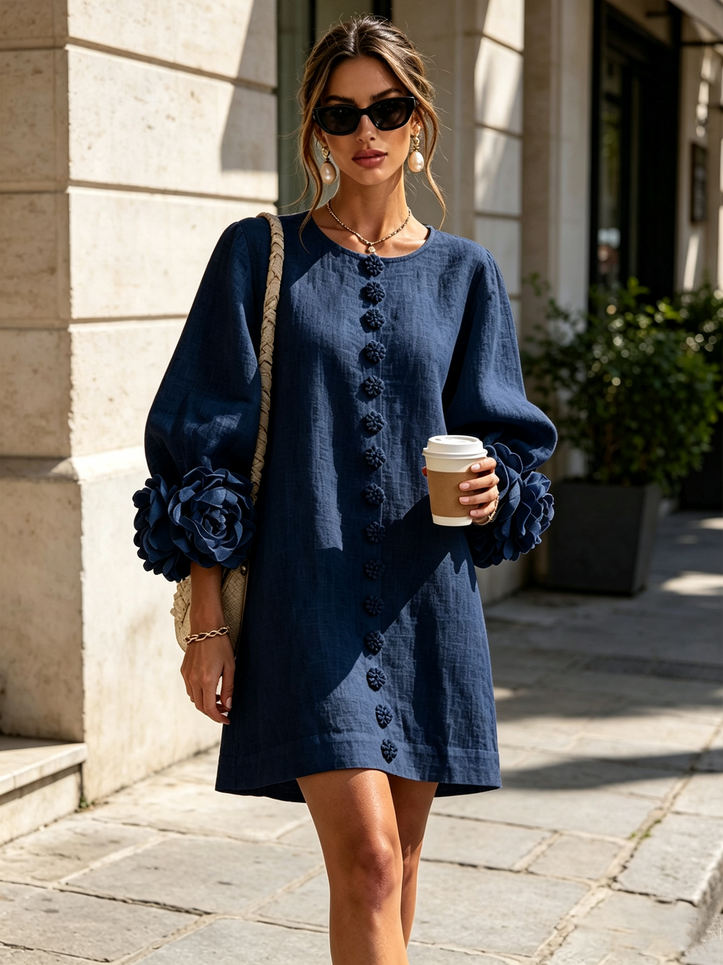 Lolita — Robe Courte à Boutons & Manchettes Fleuries