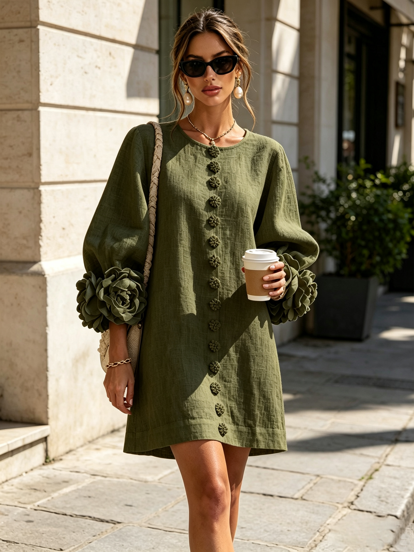 Lolita — Robe Courte à Boutons & Manchettes Fleuries