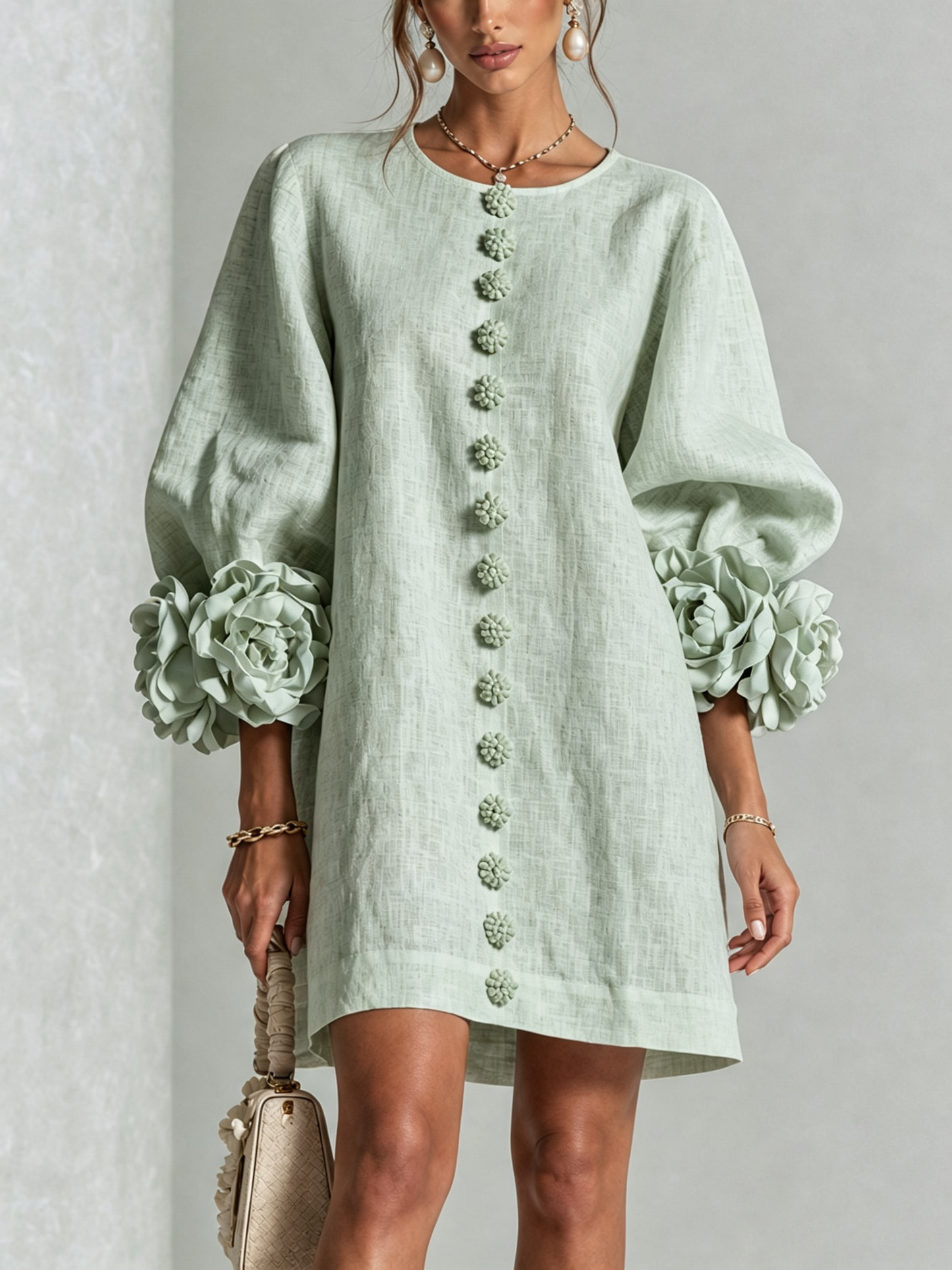 Lolita — Robe Courte à Boutons & Manchettes Fleuries