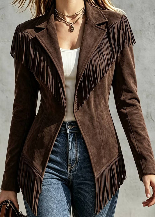 Lucienne – Veste à Franges Effet Daim