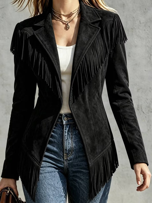 Lucienne – Veste à Franges Effet Daim