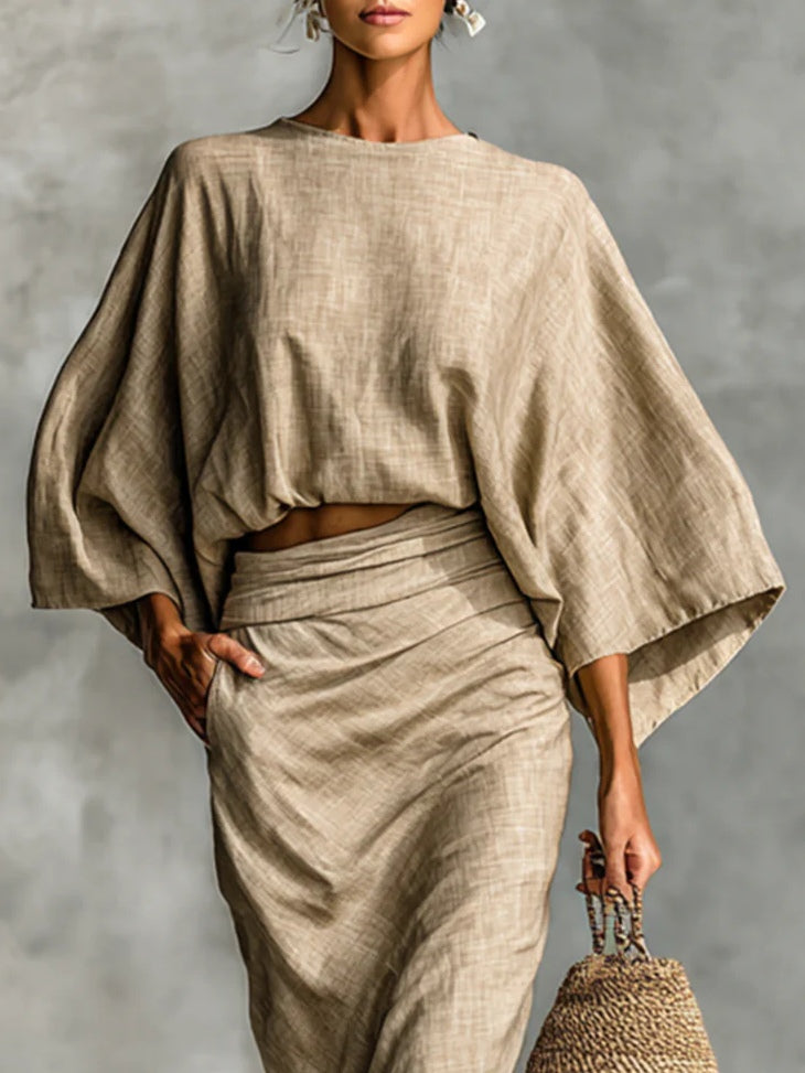 Thalia - Ensemble Coton-Lin Top Manches Chauve-souris & Jupe Longue