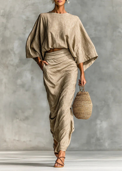 Thalia - Ensemble Coton-Lin Top Manches Chauve-souris & Jupe Longue