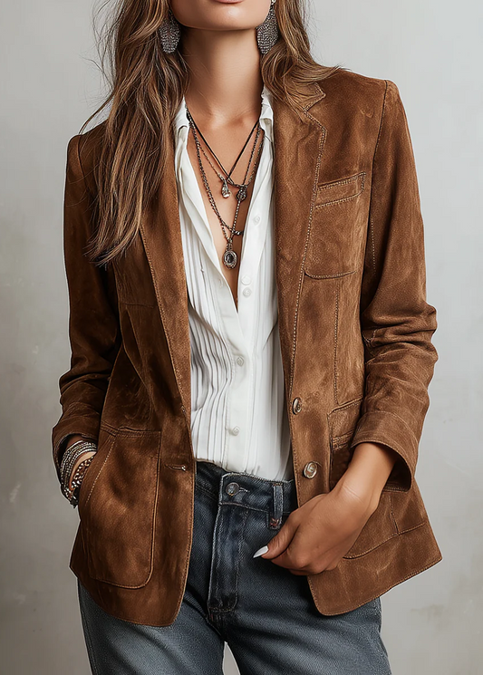Pascale – Blazer Vintage Marron Effet Daim