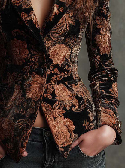 Véronique – Blazer Cintré à Motif Floral Bronze