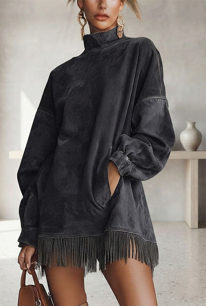 Astrid - Robe Effet Daim à Col Montant et Franges
