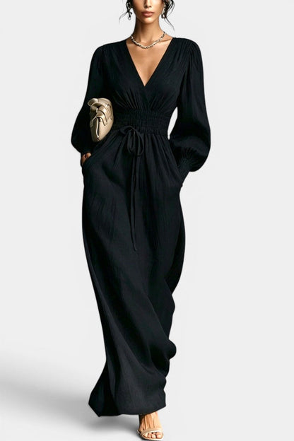 Nelia - Robe Longue Décolleté en V Taille Smockée