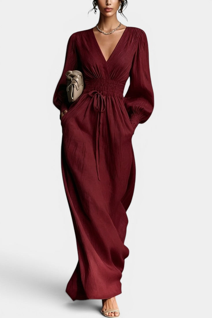 Nelia - Robe Longue Décolleté en V Taille Smockée