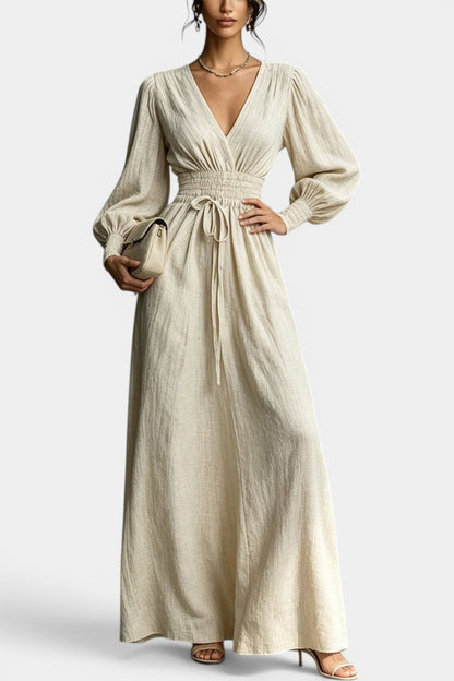 Nelia - Robe Longue Décolleté en V Taille Smockée
