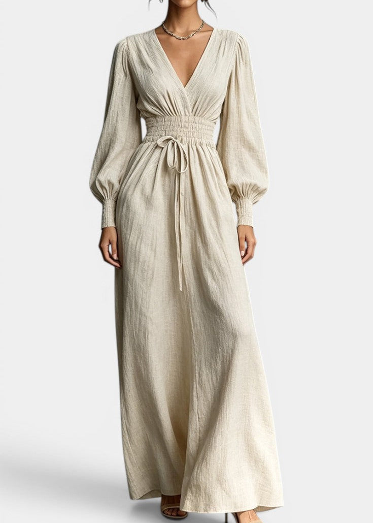 Nelia - Robe Longue Décolleté en V Taille Smockée