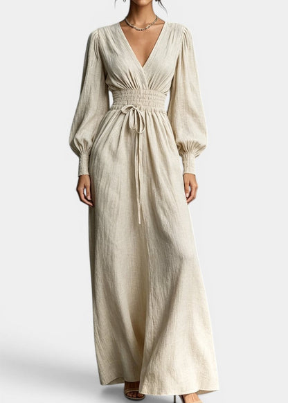 Nelia - Robe Longue Décolleté en V Taille Smockée