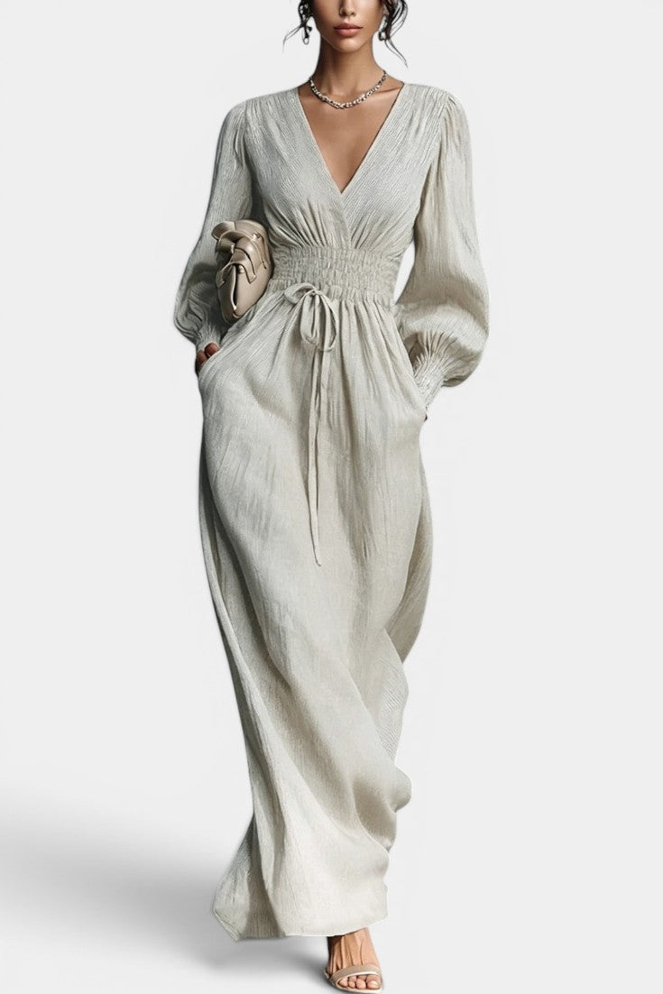 Nelia - Robe Longue Décolleté en V Taille Smockée