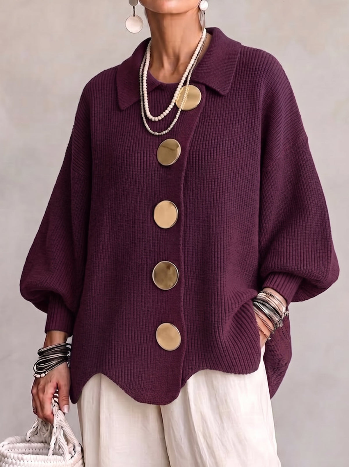 Suzanne - Cardigan Oversize à Gros Boutons Dorés