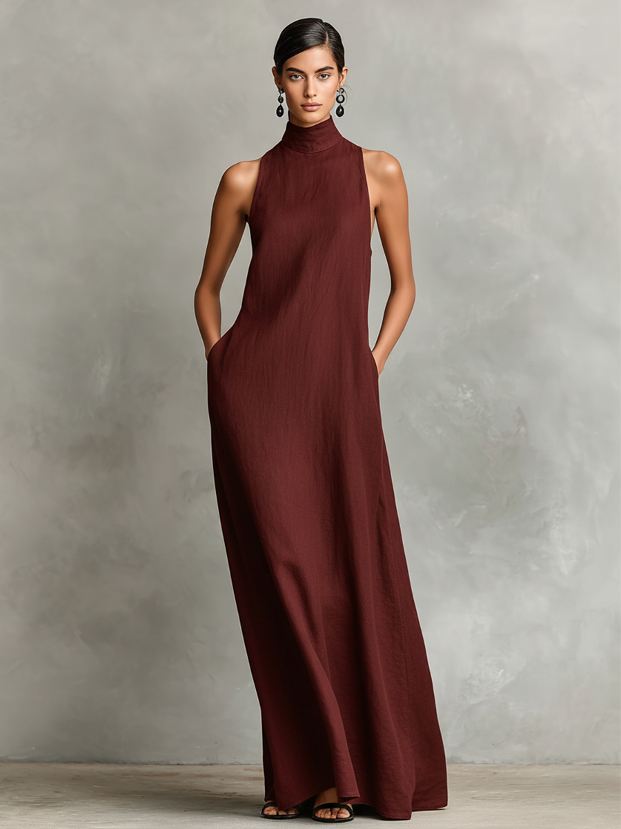 Éva - Robe Longue Col Montant en Lin avec Poches