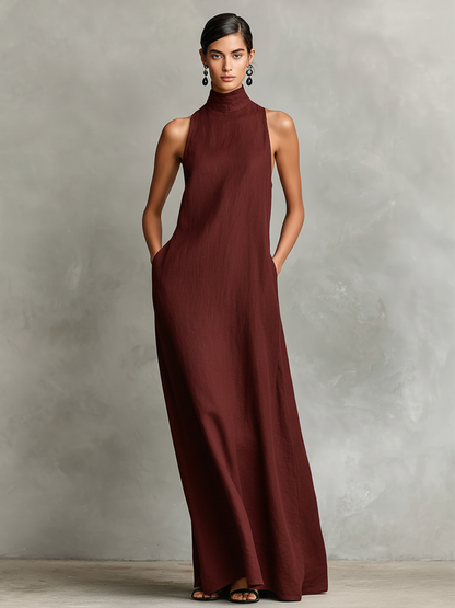 Éva - Robe Longue Col Montant en Lin avec Poches