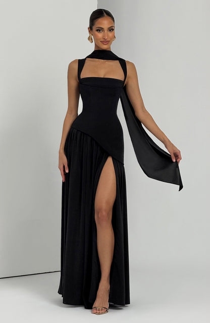 Aura - Robe Longue Noire Dos Lacé & Fendue