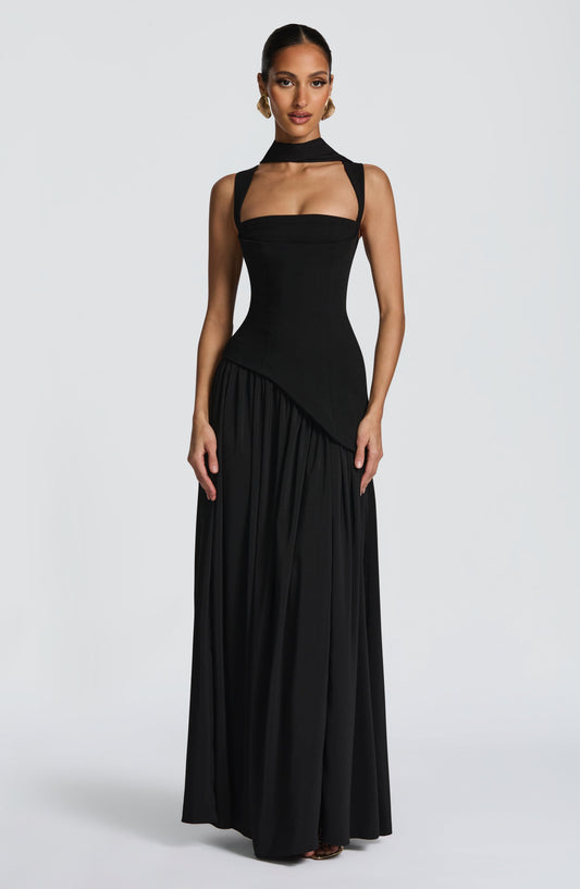 Aura - Robe Longue Noire Dos Lacé & Fendue