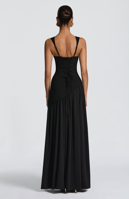 Aura - Robe Longue Noire Dos Lacé & Fendue