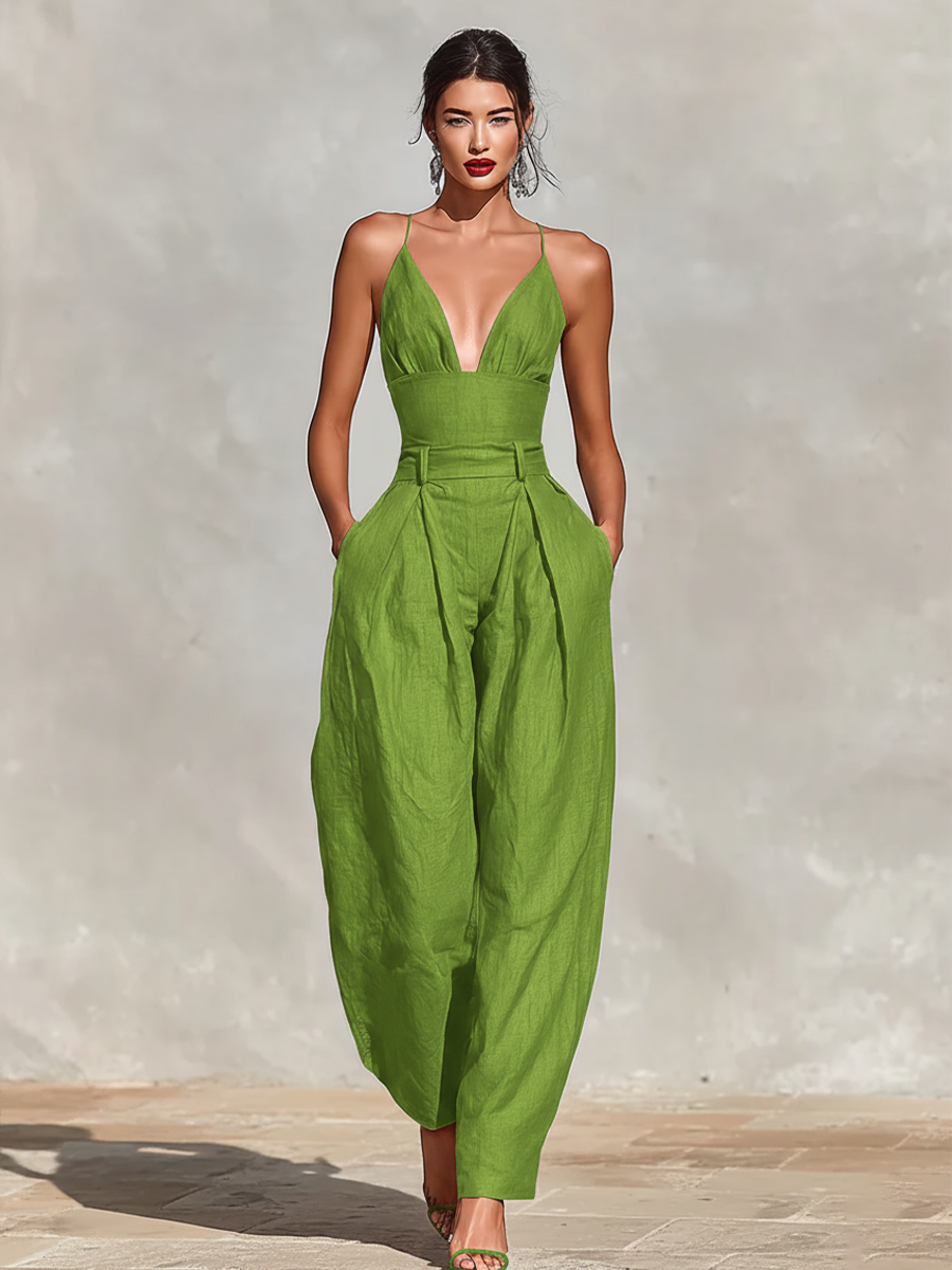 Garance - Combinaison Plissée Taille Haute Col V en Lin