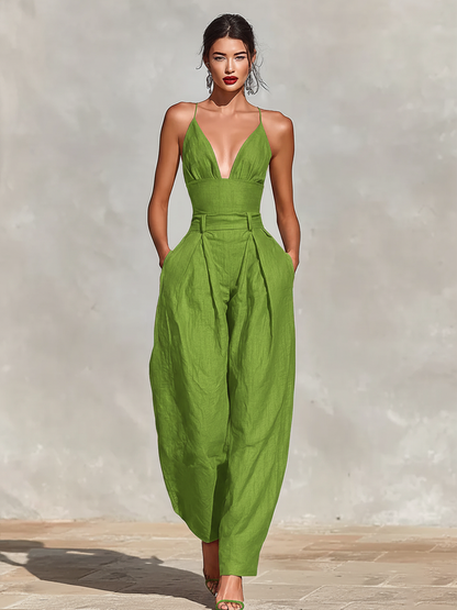 Garance - Combinaison Plissée Taille Haute Col V en Lin