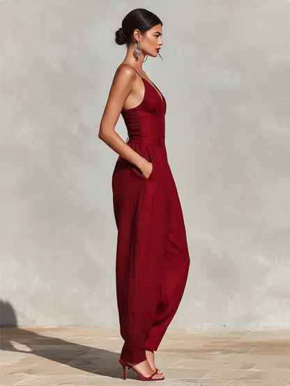 Garance - Combinaison Plissée Taille Haute Col V en Lin